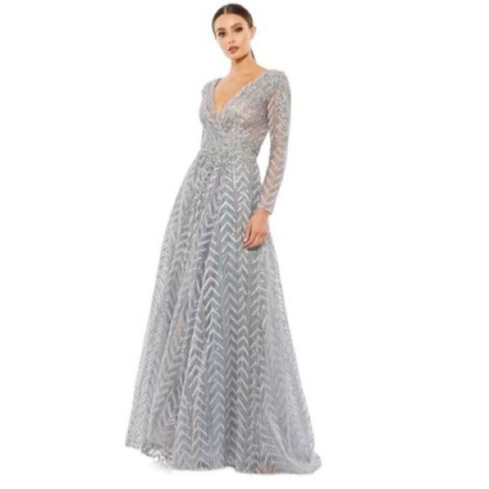 Mac Duggal 20189 Silver Embellished Illusion Long Sleeve Wrap Over A Line Gown - Picture 1 of 14